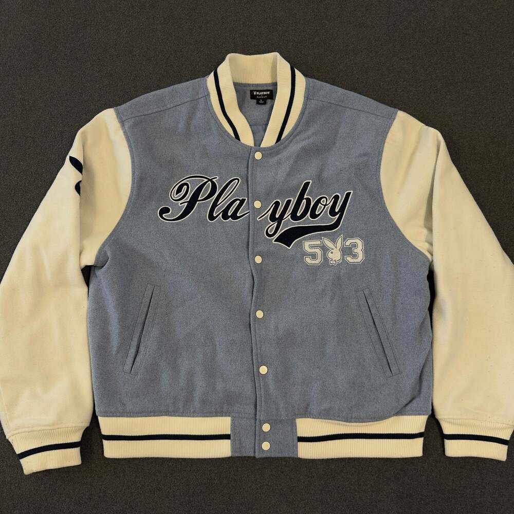 Playboy by Pacsun Blue and White Varsity Jacket Size L